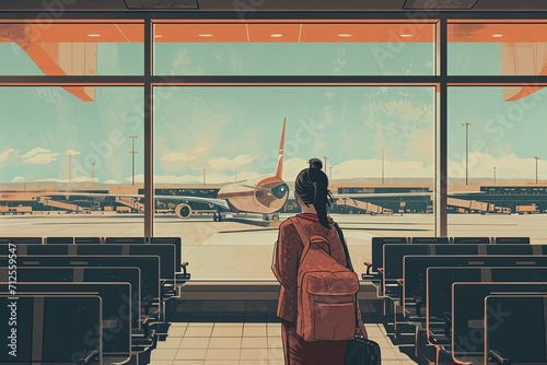 passenger is waiting in airport, in the style of graphic design-inspired illustrations, romantic emotivity photo