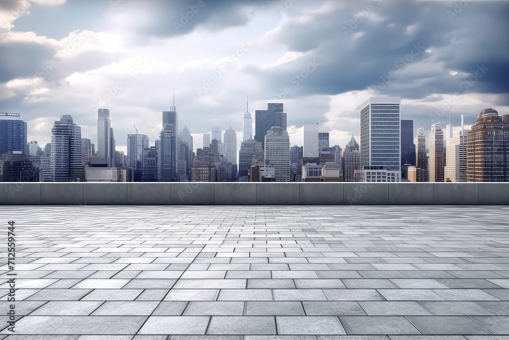 Panoramic skyline and buildings with empty brick concrete square floor cityscape. 3d render illustration.