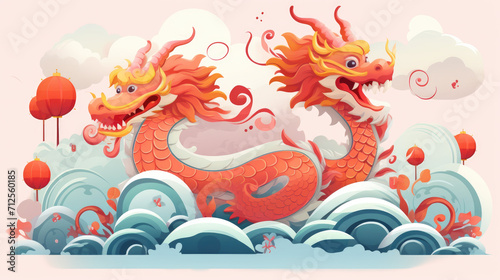 Happy chinese new year of dragon 2024 card illustration with funny dragon in waves and clouds background.