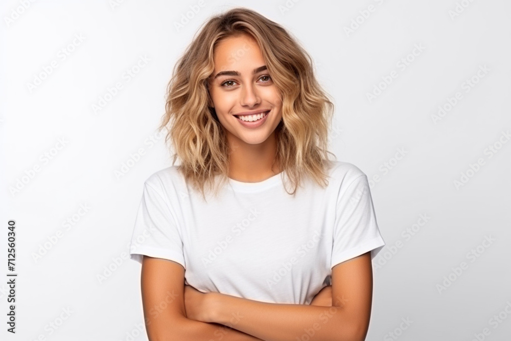 Happy woman with white shirt created with Generative AI Happy woman with white shirt created with Generative AI