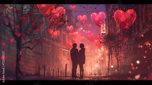 Amidst the bustling city, two souls stand together, their love illuminated by the warm glow of streetlights as they hold onto heart-shaped balloons and a bouquet of delicate flowers