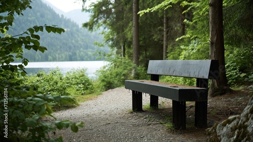  a wooden bench sitting on top of a dirt road next to a lush green forest filled with lots of trees.