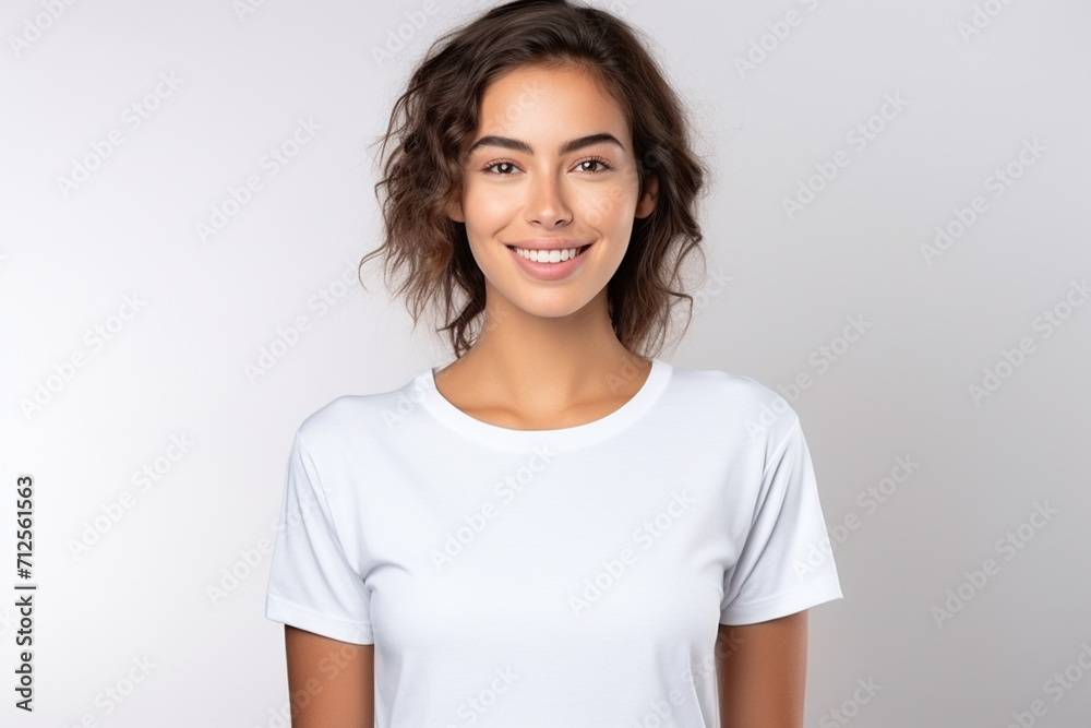 Happy woman with white shirt created with Generative AI Happy woman with white shirt created with Generative AI