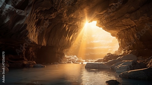 Foto beautiful hidden cave with a small pool of water and a ray of sun