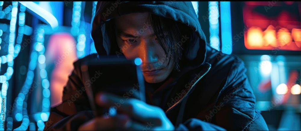 Asian male hacker using phone in closeup Asian male hacker using phone in closeup