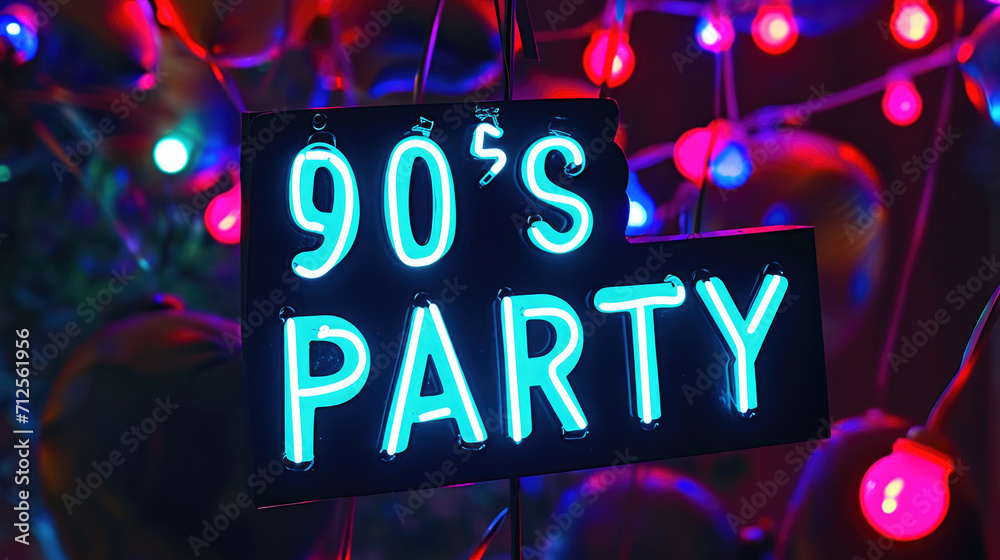 Vibrant purple neon 90s PARTY sign in retro style glowing maximalist background