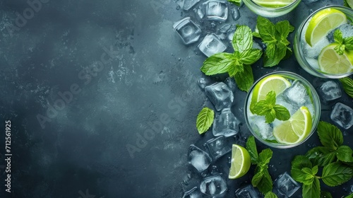  two glasses of mojito with limes and mints on a dark background with ice cubes and mints.