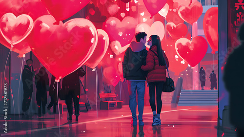 A couple embraces in front of a vibrant display of love while surrounded by colorful clothing and footwear, with a hint of whimsy from the magenta balloon and party supplies, as an aircraft flies ove photo