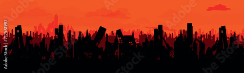 
Landscape of the Destroyed City. Panorama of the city after the war or natural disasters. Sad landscape. Vector.