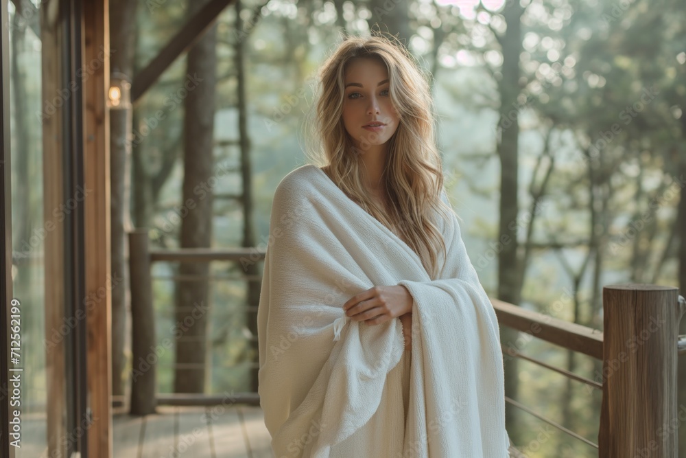 Beautiful woman wrapped in blanket standing on terrace of wooden house in the pine forest resort