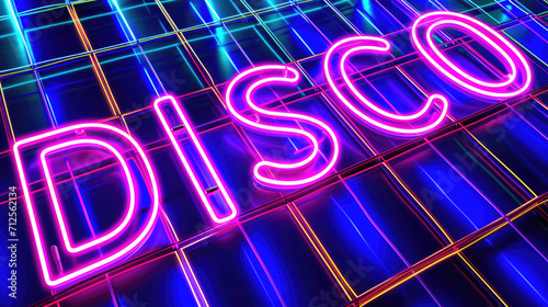 Vibrant purple neon DISCO sign in retro 90s style glowing maximalist background