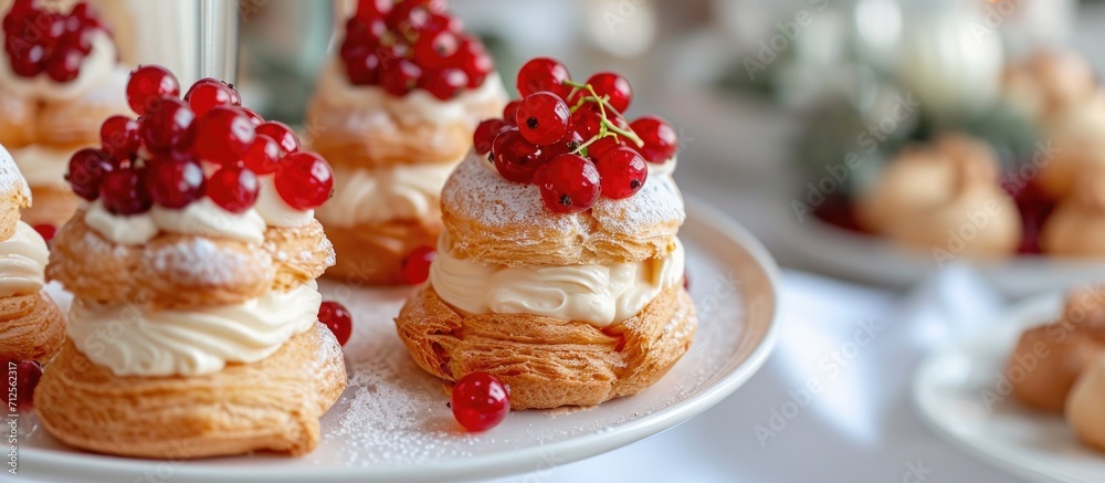 Round choux pastries filled with white custard and decorated with red currant berries on a dessert table with creme, napkins, and a white tablecloth. Round choux pastries filled with white custard and decorated with red currant berries on a dessert table with creme, napkins, and a white tablecloth.