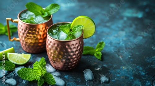  two copper mugs with mint and lime garnish on a blue surface with ice cubes and mint.
