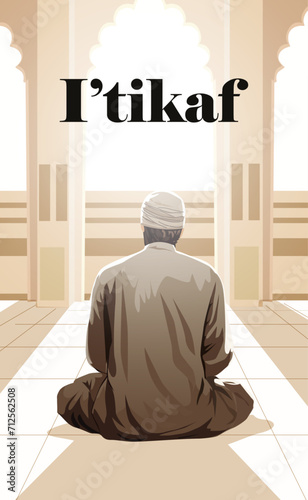 Muslim man sitting in the mosque, back to back, doing Itikaf