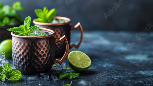  two copper mugs with mint and lime garnish on a dark surface with mints and limes.