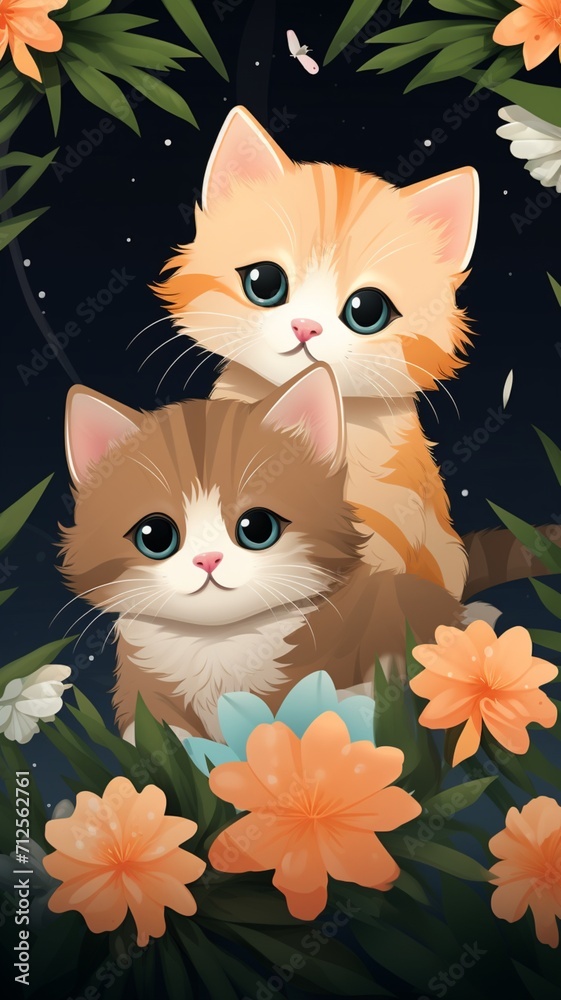 Kittens with flowers illustration style AI Generated pictures Kittens with flowers illustration style AI Generated pictures