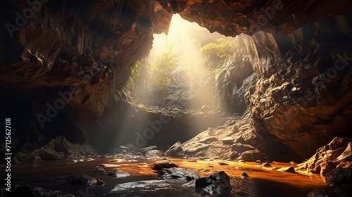 beautiful hidden cave with a small pool of water and a ray of sunlight entering in high resolution and quality and with good lighting photo
