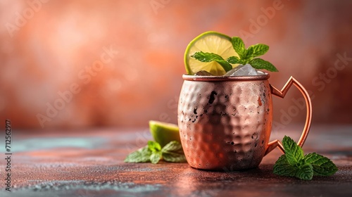  a copper mug with a lime and mint garnish on the rim and a mint garnish on the rim.