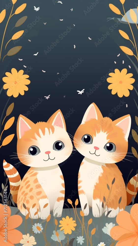 Kittens with flowers illustration style AI Generated pictures