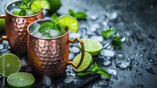  two copper mugs with mint, lime, and lime on a black table with ice and ice cubes.