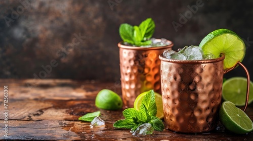  a close up of two copper cups with limes and mints next to each other on a wooden table.
