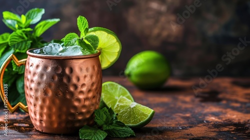  a copper mug filled with mint, lime, and a mint sprig on top of a wooden table.