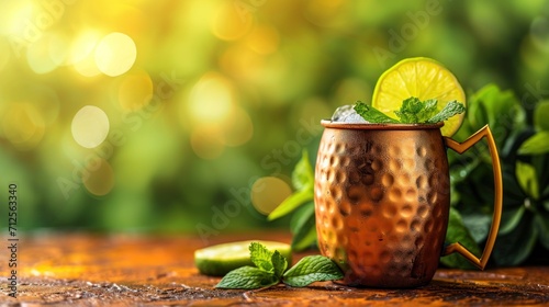  a copper mug with a lime and mint garnish sits on a wooden table next to a green bush.