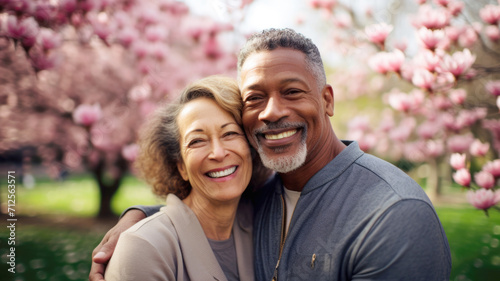 Joyful middle age couple surrounded by pink spring blossoms sharing a moment photo