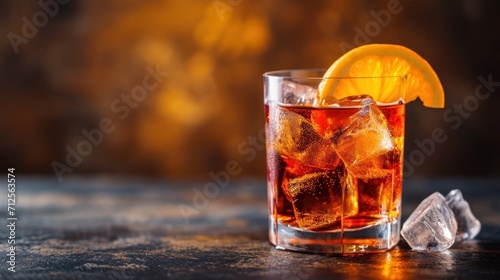  a close up of a glass of ice and a slice of an orange on a table with a blurry background.