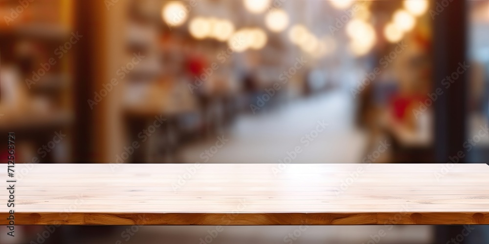 Display table with white vertical surface, blurred background. Empty wooden counter, shelf over blurred restaurant bokeh. Wood retail shop table top for product display. Display table with white vertical surface, blurred background. Empty wooden counter, shelf over blurred restaurant bokeh. Wood retail shop table top for product display.