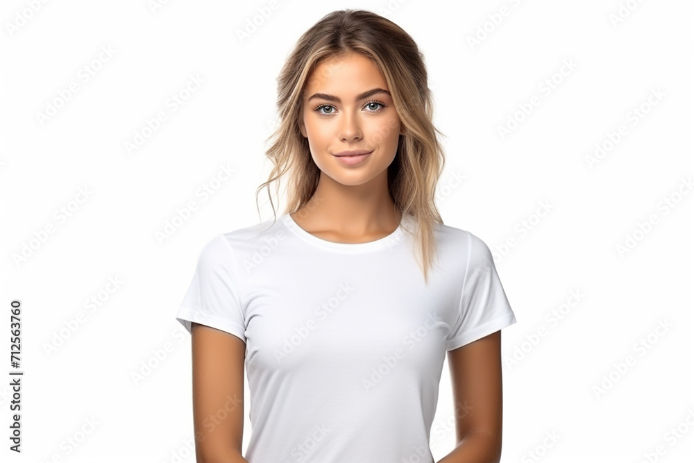 Happy woman with white shirt created with Generative AI Happy woman with white shirt created with Generative AI