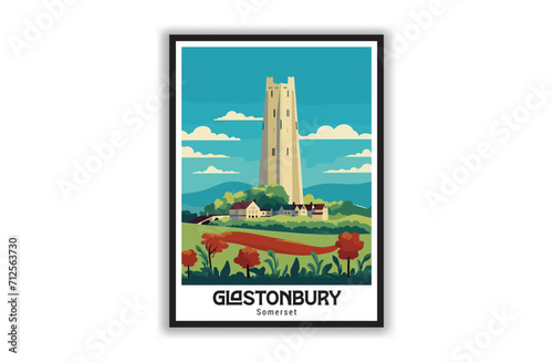 Glastonbury, Somerset. Vintage Travel Posters. Vector art. Famous Tourist Destinations Posters Art Prints Wall Art and Print Set Abstract Travel for Hikers Campers Living Room Decor