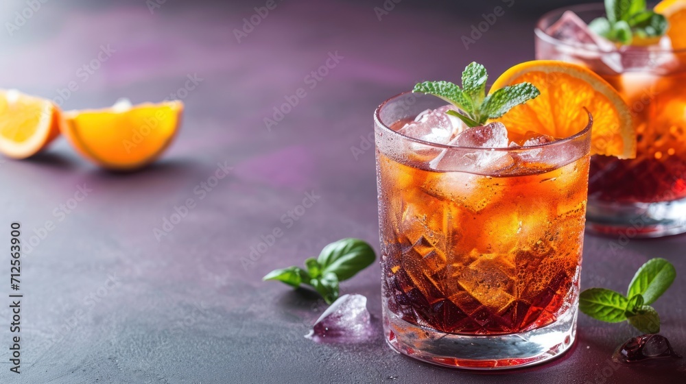  a close up of two glasses of drinks with oranges and mints on the side of the glasses and on the other side of the glasses.