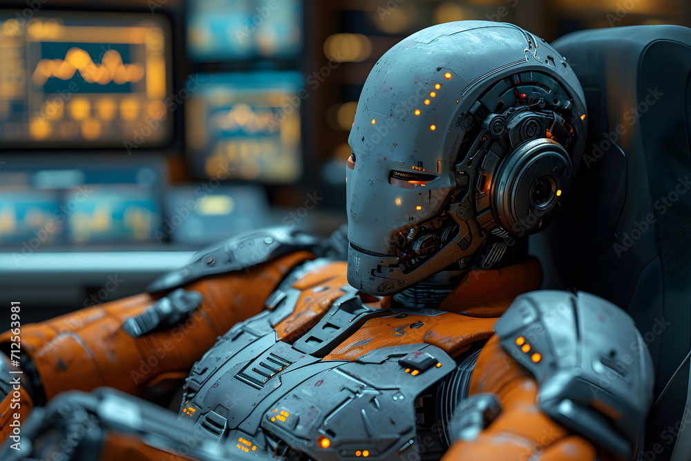 A cyborg sits at a desk in a high-tech luxurious office. Background is blurred many screens. It indicates that world systems such as the economy or finance sometimes it can be controlled by computer. A cyborg sits at a desk in a high-tech luxurious office. Background is blurred many screens. It indicates that world systems such as the economy or finance sometimes it can be controlled by computer.