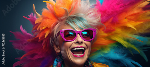 a granny funny old woman with colorful feathers and wig smiling
