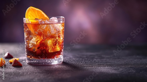  a glass filled with ice and a slice of orange on top of a table next to a pile of orange peels.