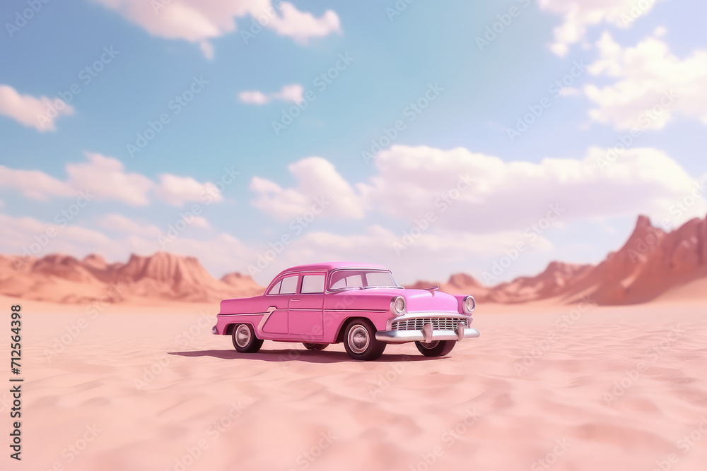 pink toy car on the edge of a pink desert background. 3d render.