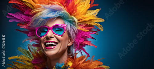 a granny funny old woman with colorful feathers and wig smiling  copy space