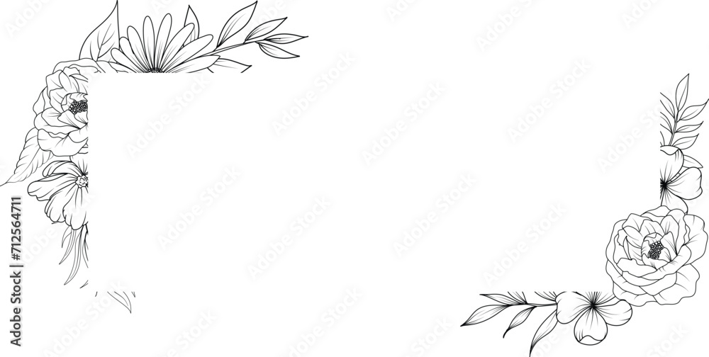 floral frame with line art wildflower wreath. flower bouquet sketch