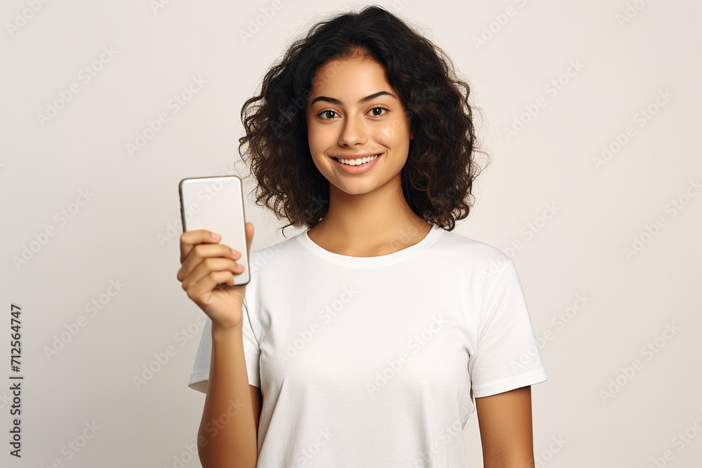 Happy woman with white shirt created with Generative AI Happy woman with white shirt created with Generative AI
