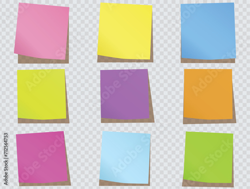 Realistic blank sticky notes isolated on transparent background. Colorful sheets of note papers. Paper reminder. Vector illustration.Multicolor post it notes