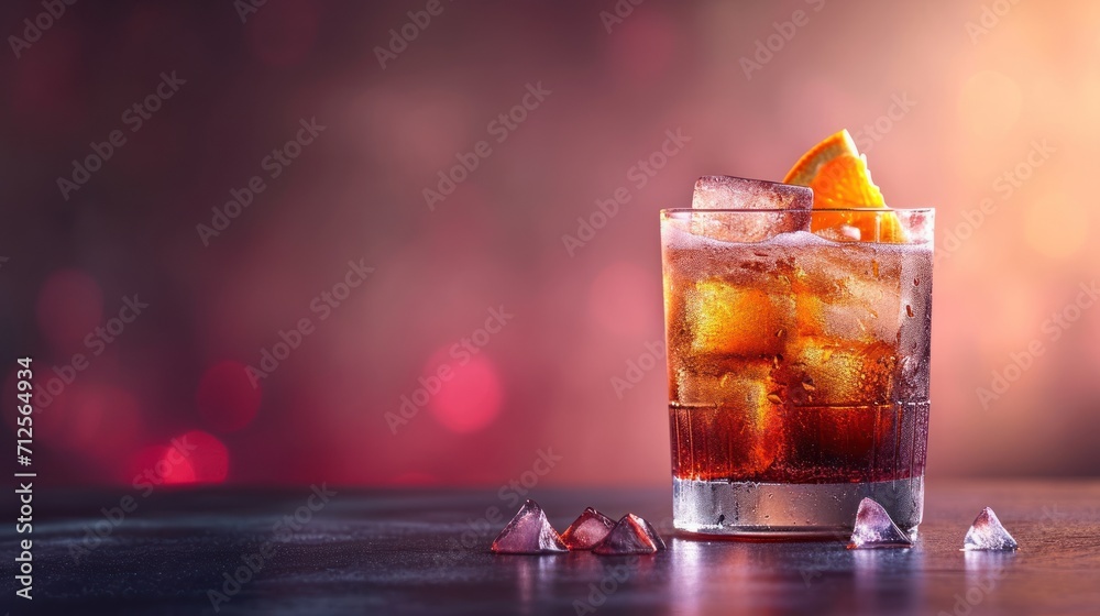  a close up of a glass of ice tea with an orange slice on the edge of the glass and ice cubes around it.