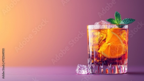  a close up of a drink in a glass with ice and a green leaf on a purple and pink background.