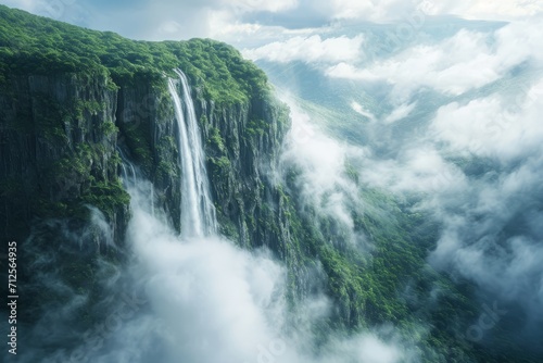 Ephemeral waterfall cascading from clouds into a fantastical, otherworldly dream valley, a surreal scene where a waterfall descends from clouds into a fantastical dream valley.