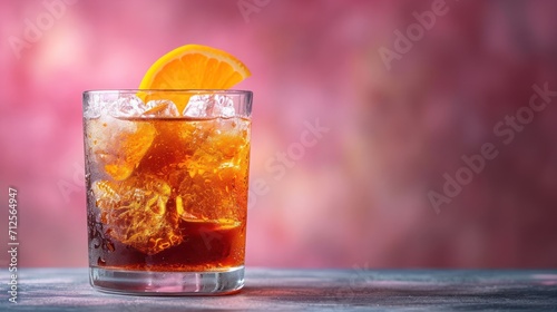  a close up of a glass of soda with an orange slice on the rim and ice cubes on the rim.