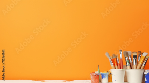 Artistic Flatlay of Painting Tools on Orange Background - Perfect for Learning to Draw, Copy Space Available for Text or Promotional Content