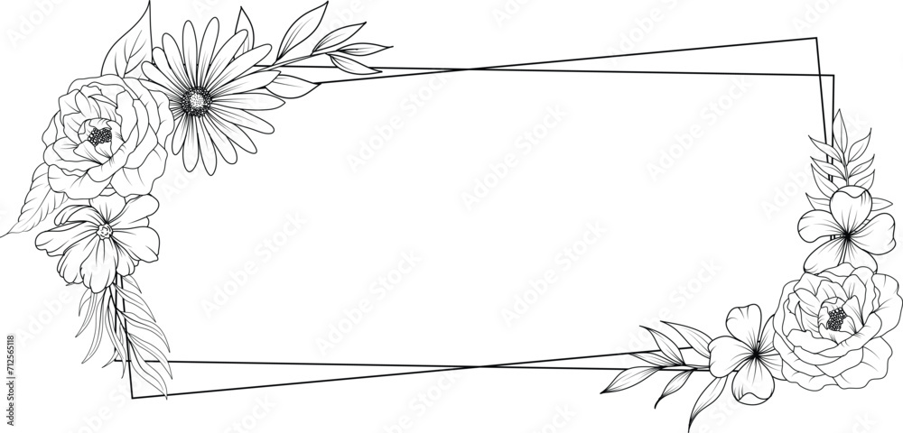 floral frame with line art wildflower wreath. flower bouquet sketch