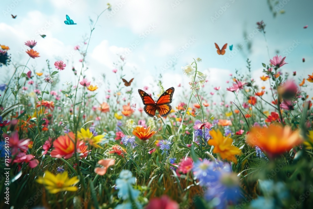 Surreal dream meadow with vibrant flowers, fluttering butterflies, and fantastical creatures, a surreal meadow adorned with vibrant flowers, fluttering butterflies, and whimsical creatures.