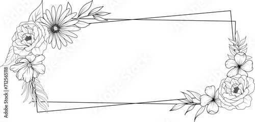 floral frame with line art wildflower wreath. flower bouquet sketch