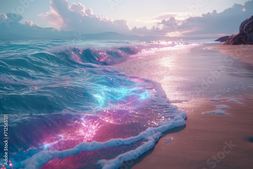 Surreal dream beach with iridescent waves, glowing sand, and magical sea creatures, a surreal seaside retreat with iridescent waves, glowing sand, and enchanting sea creatures.
